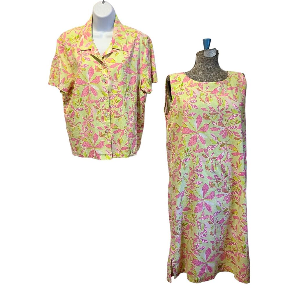 Jane Ashley Vintage Linen Maxi‎ Dress Jacket Set Floral Pink Green Women Size L